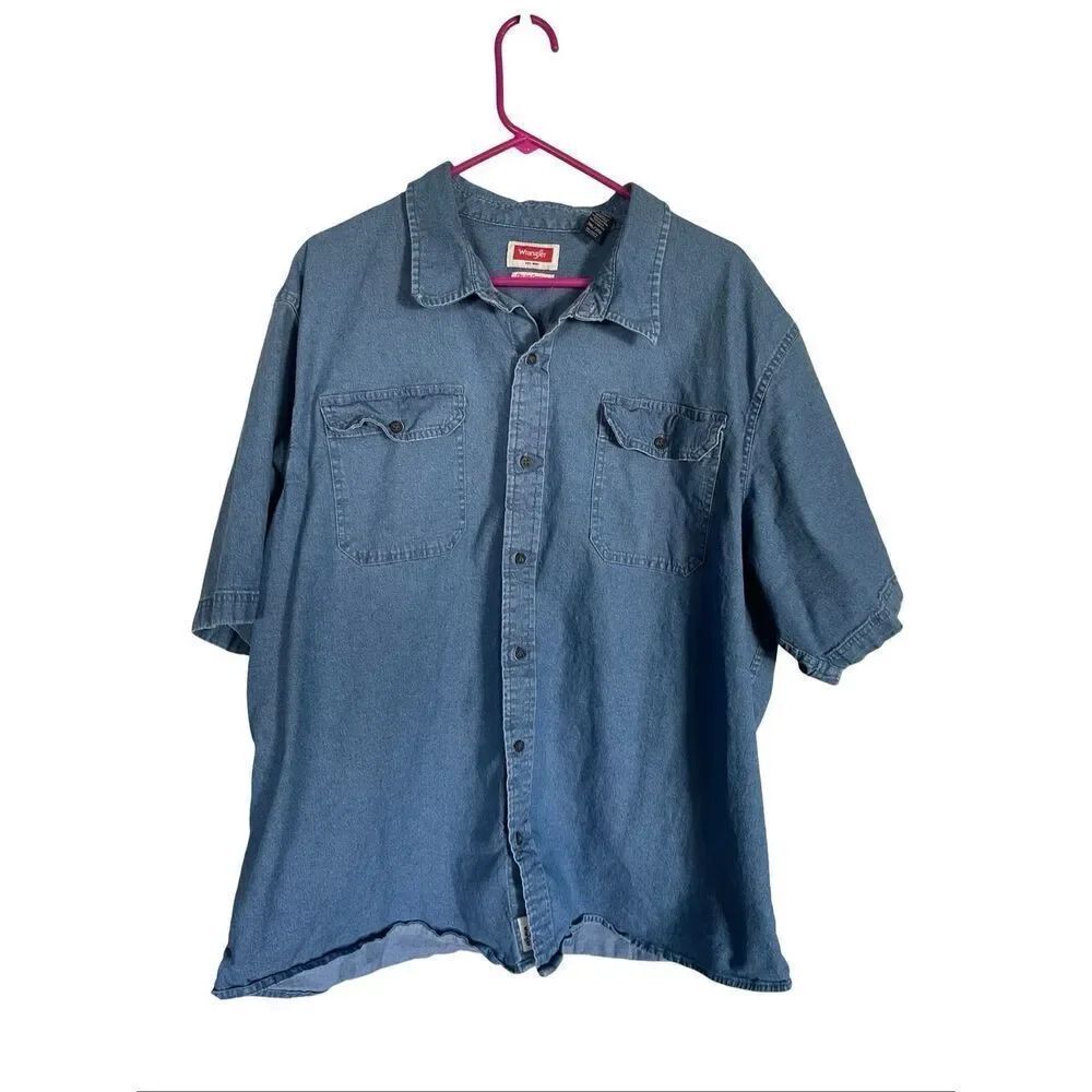 Wrangler Mens Blue Denim Chambray Short Sleeve Button Down Shirt Size 3XL